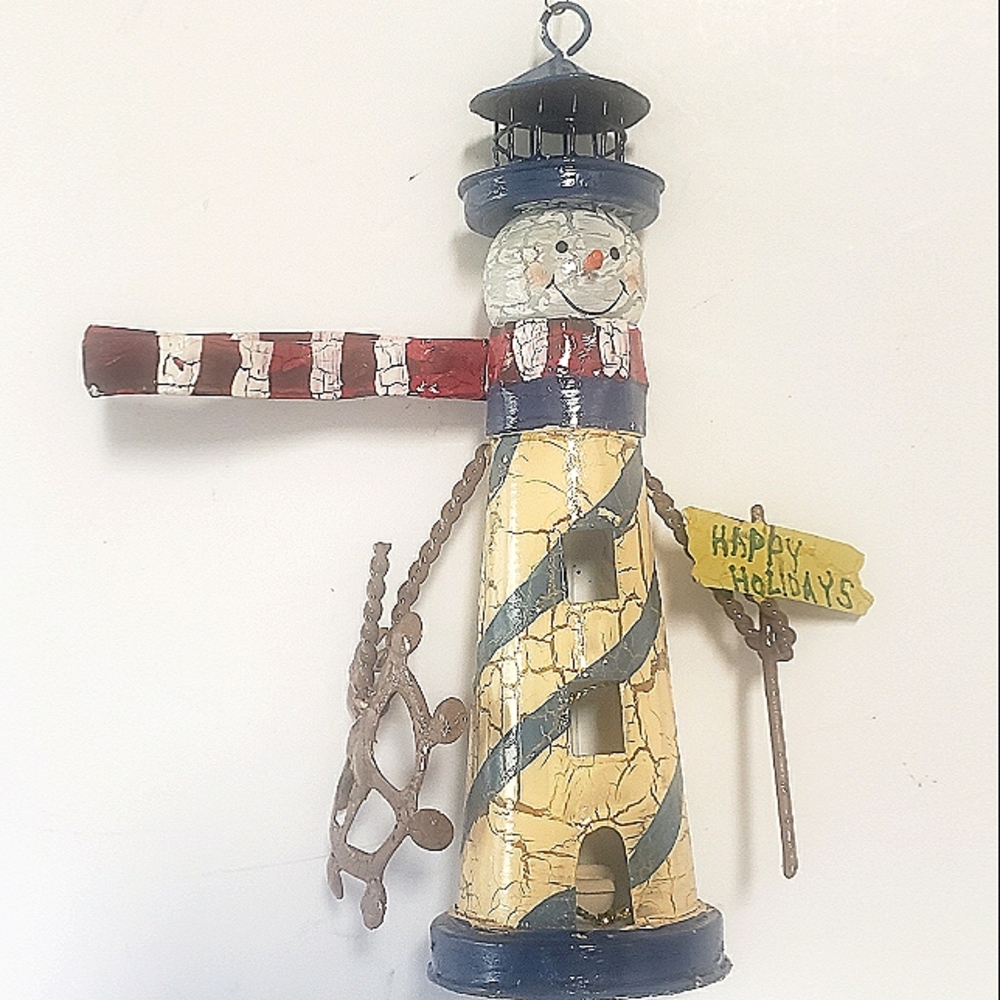 Painted Tin Snowman/Lighthouse Christmas Ornament